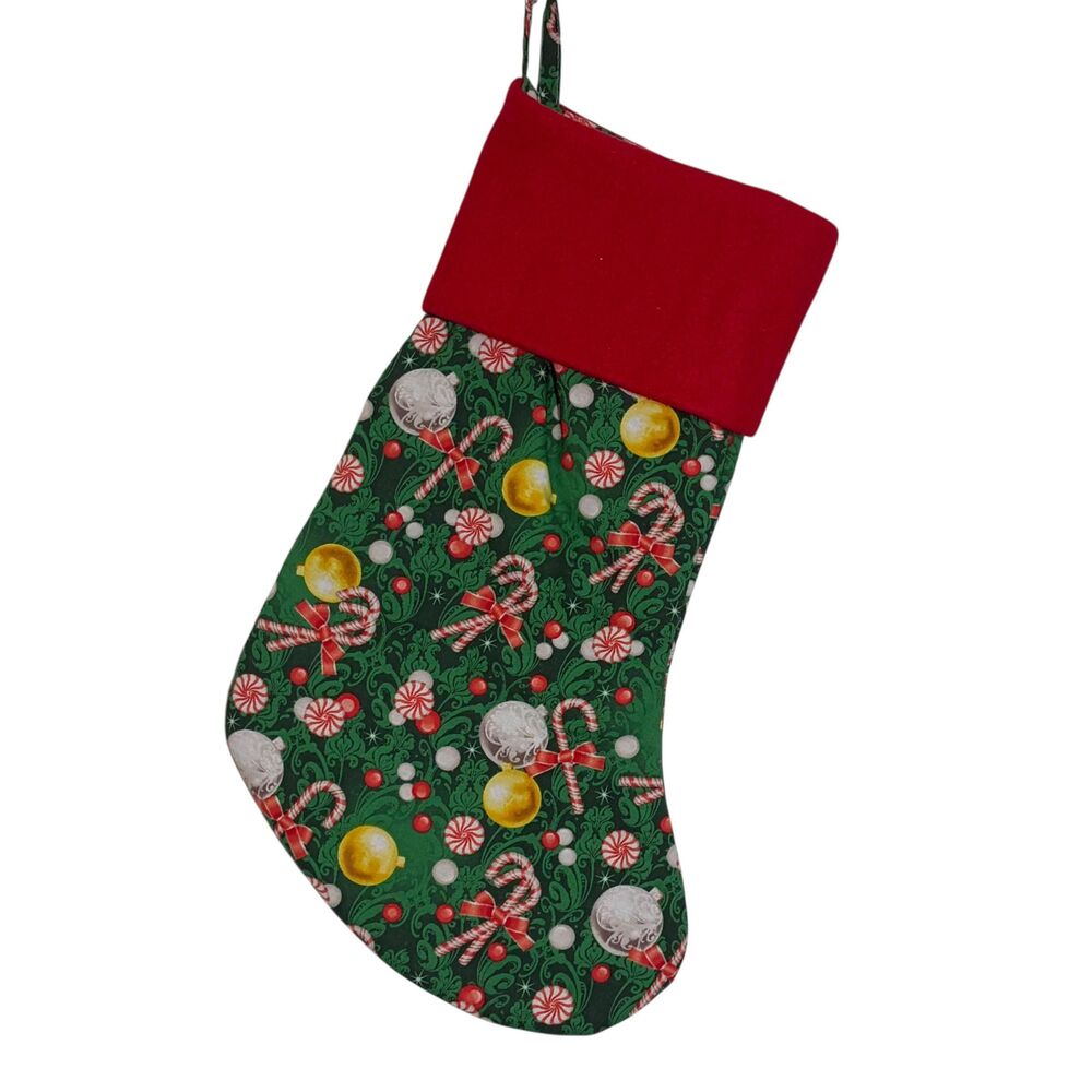 Handmade Christmas Stocking: Vintage Candy Canes with Red Cuff 17.5 In